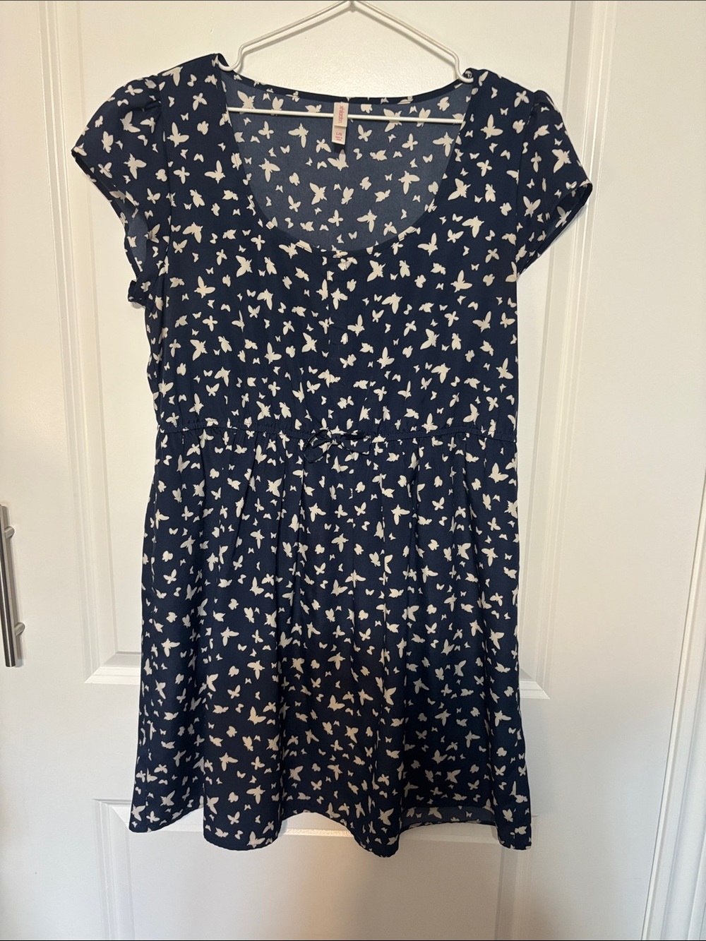 Xhilaration Navy Blue and White Butterfly Short-Sleeve Dress with Pockets